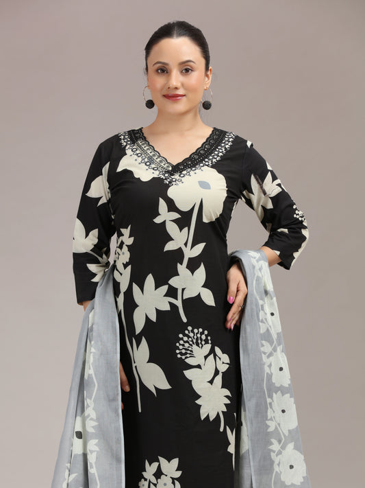 Black Floral Embroidered Ethnic Set