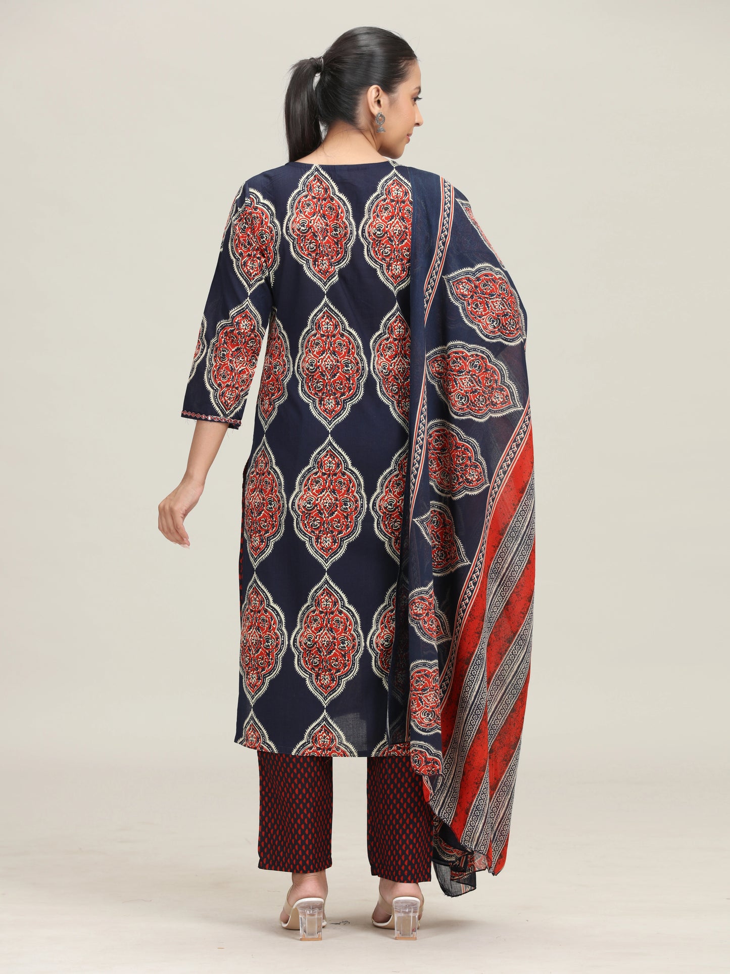 Navy Blue Printed Straight Ethnic Set