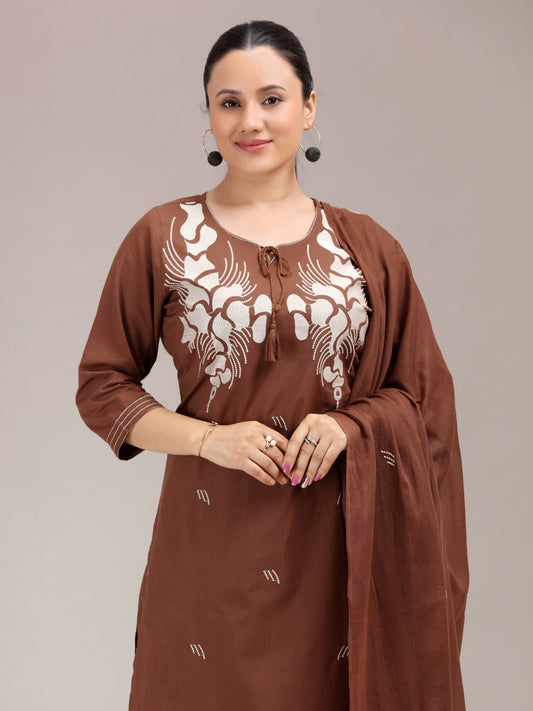 Brown Embroidered Straight Ethnic Set