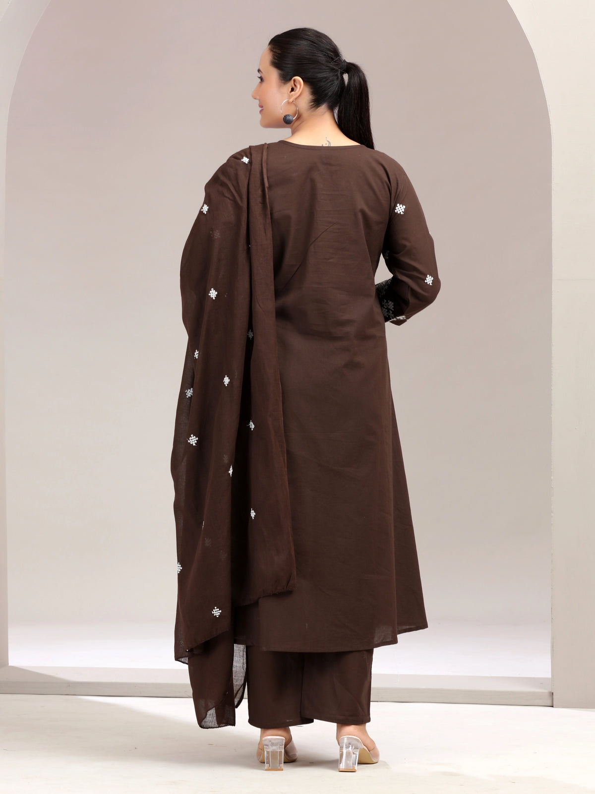 Brown Embroidered A-Line Ethnic Set - view 6