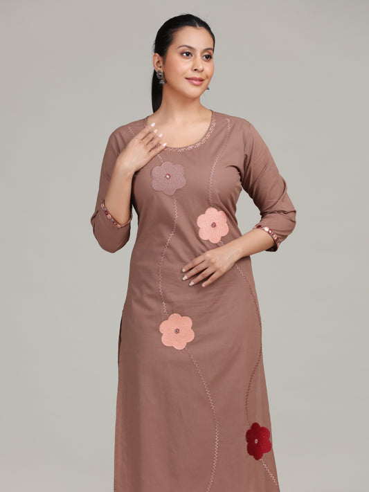 Dusty Rose Floral Embroidered Straight Cotton Ethnic Set