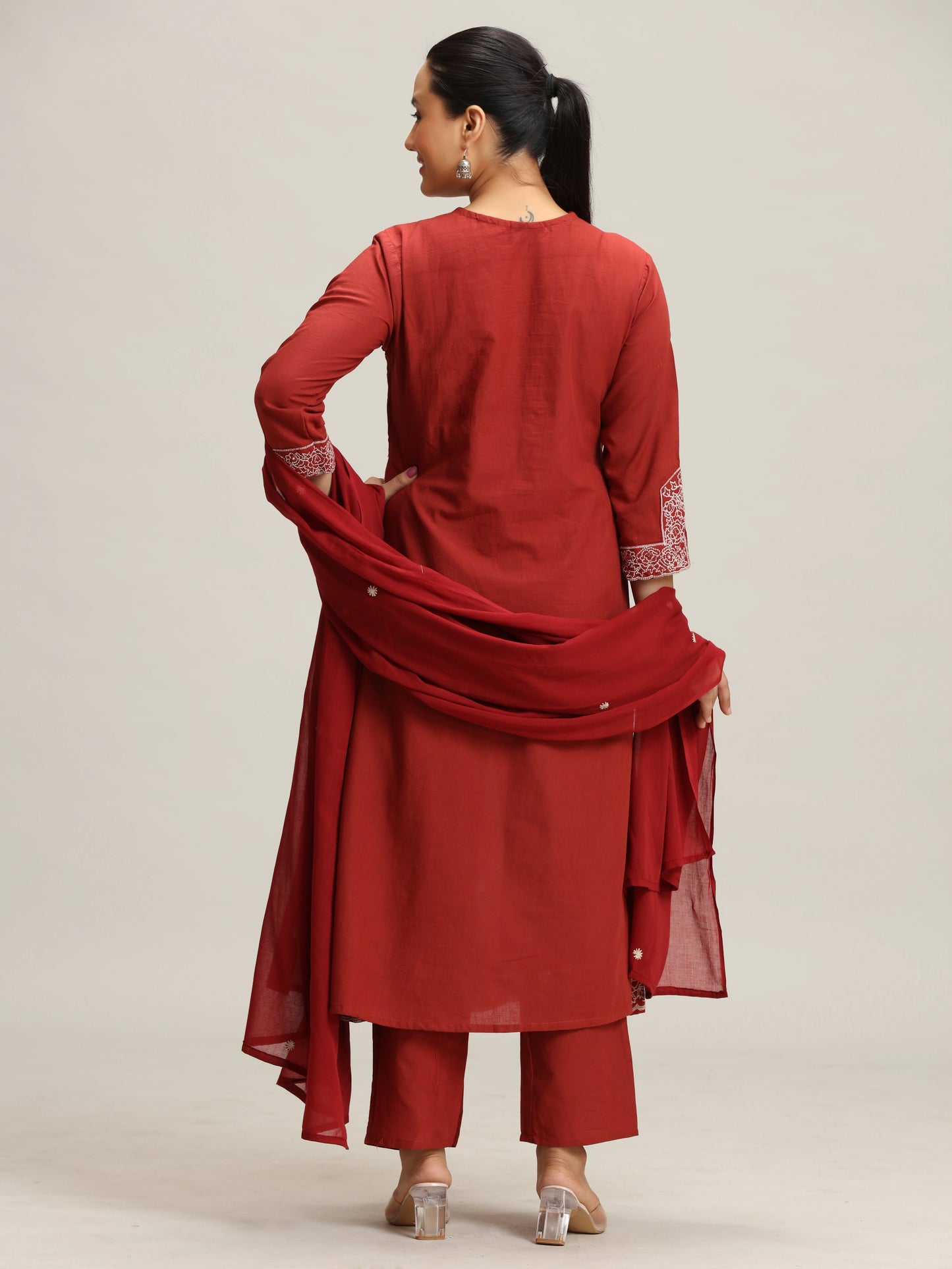 Maroon Chikankari Flared Ethnic Set