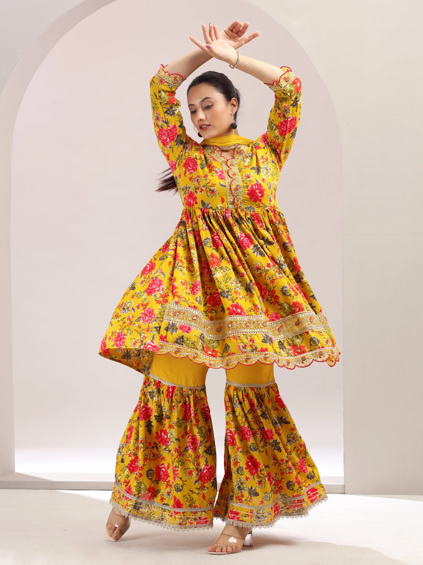 Mustard Embroidered Fit & Flared Ethnic Set
