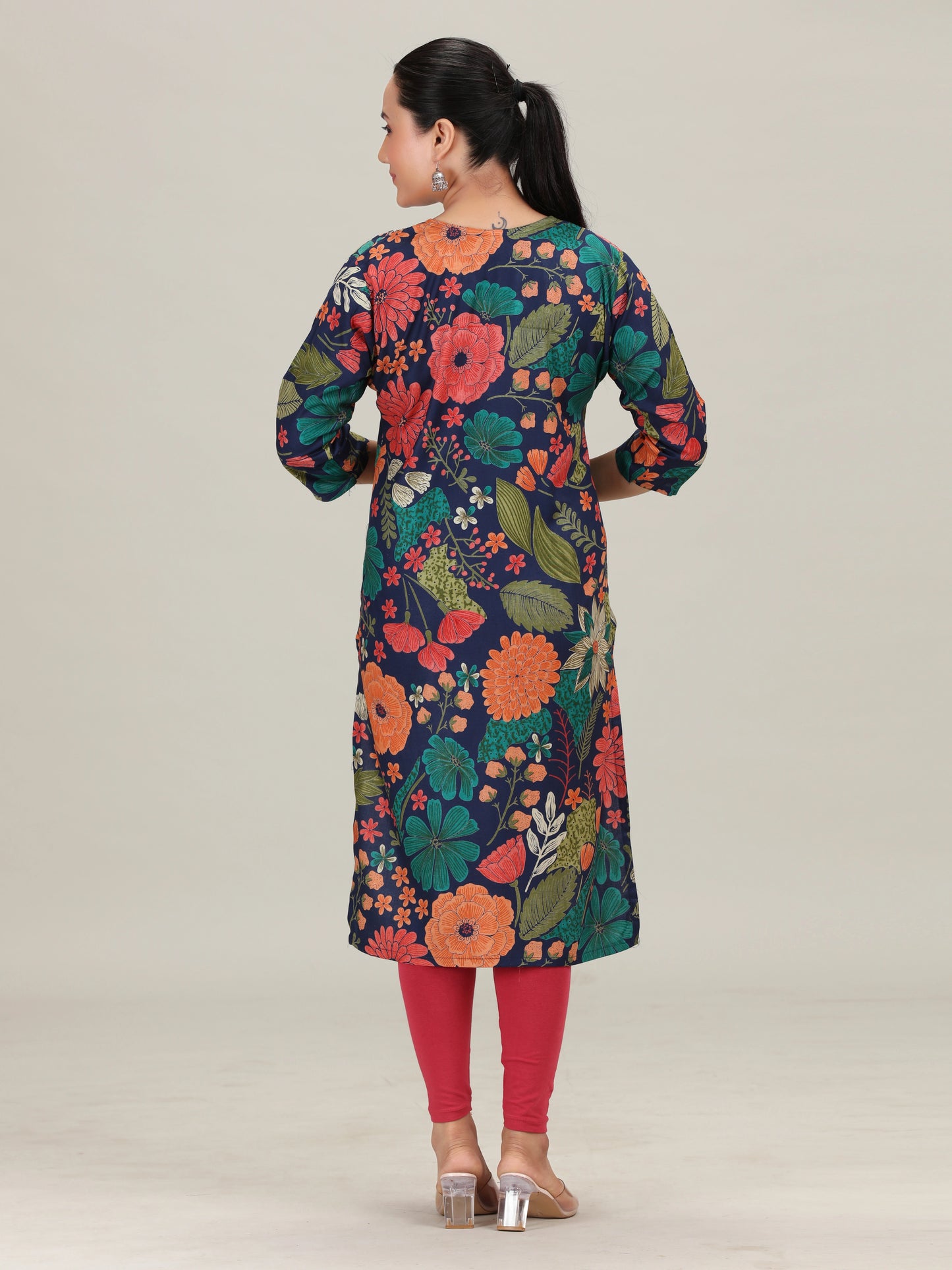 Navy Blue Printed Embroidered Kurta