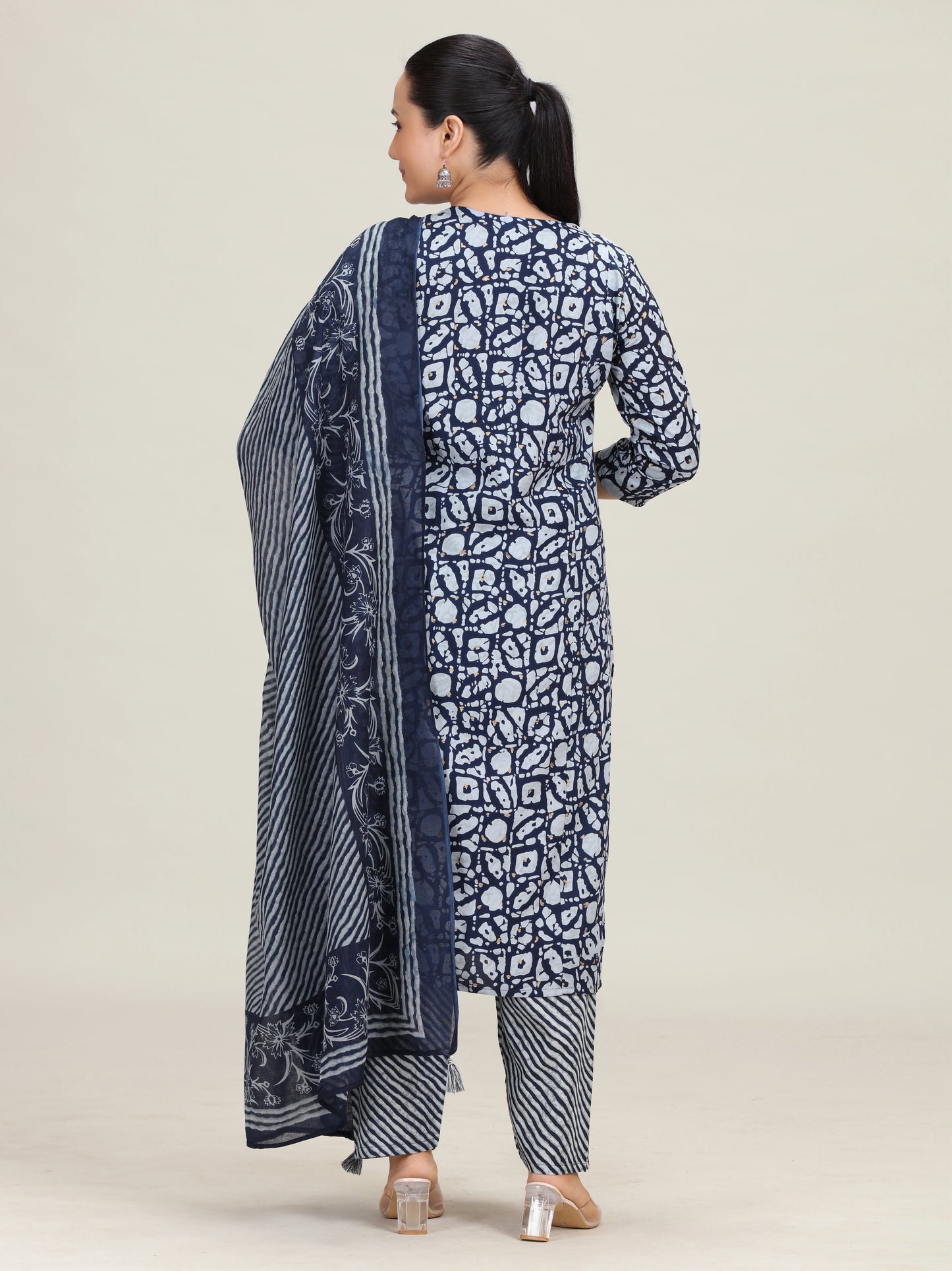 Navy Blue Printed Embroidered Straight Cotton Ethnic Set