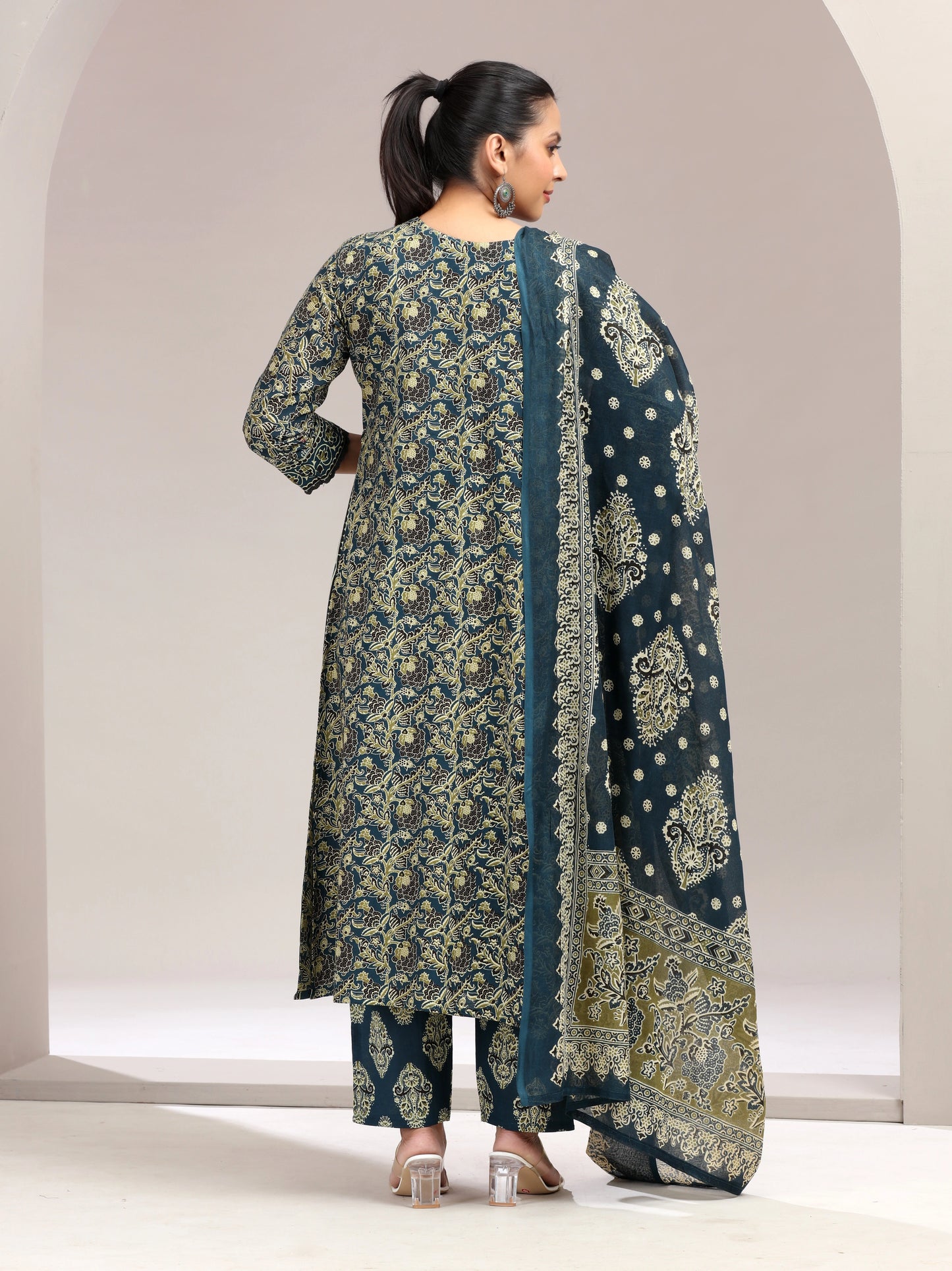 Navy Blue Printed Embroidered Flared Cotton Ethnic Set