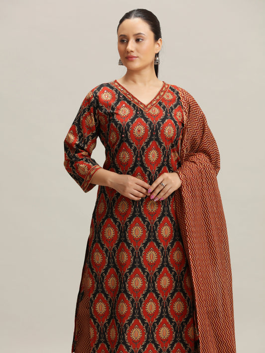 Black Printed Straight Cotton Ethnic Set