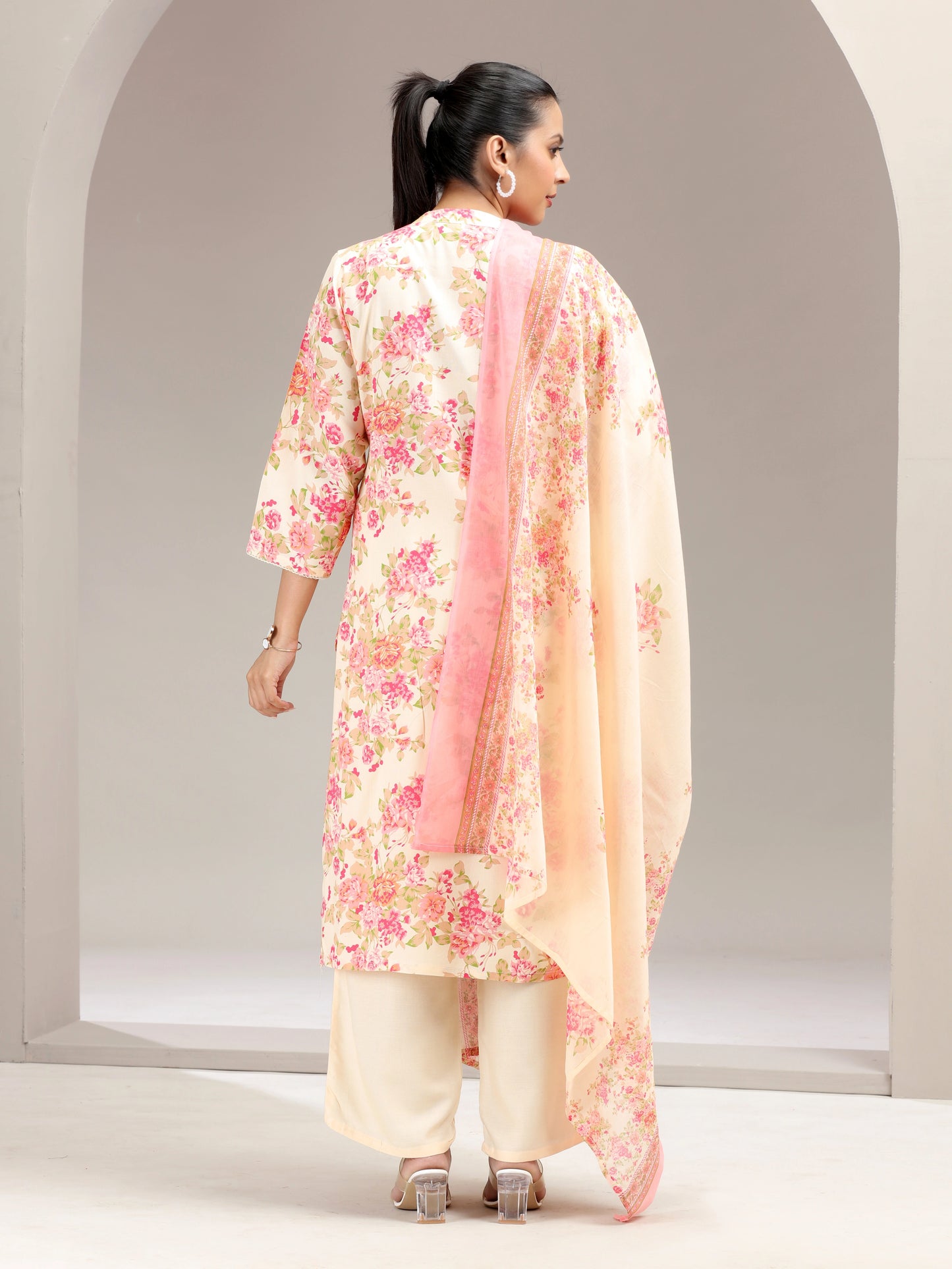 Off White Floral Printed Straight Ethnic Set