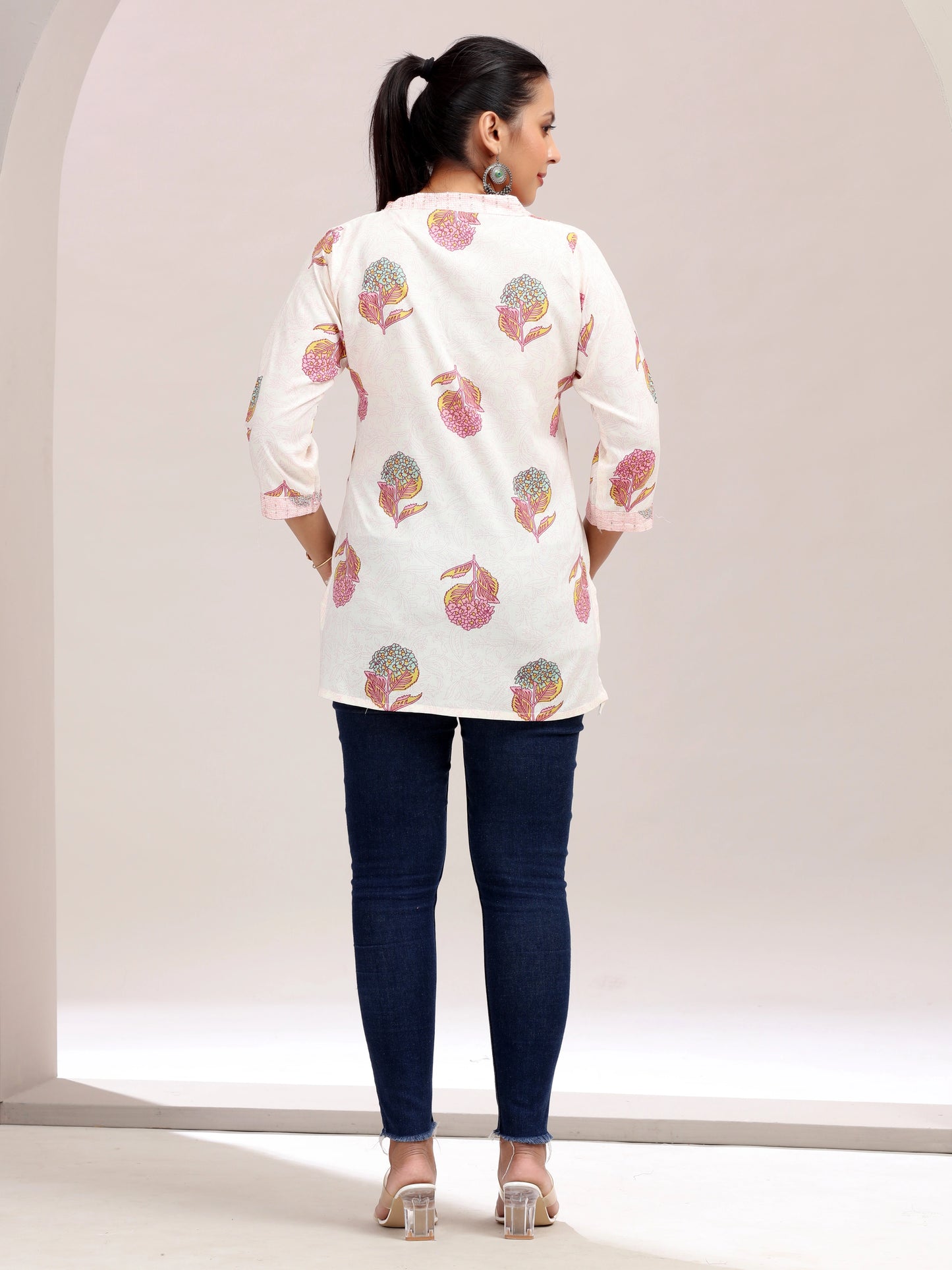 Off White Printed Embroidered Cotton Kurta