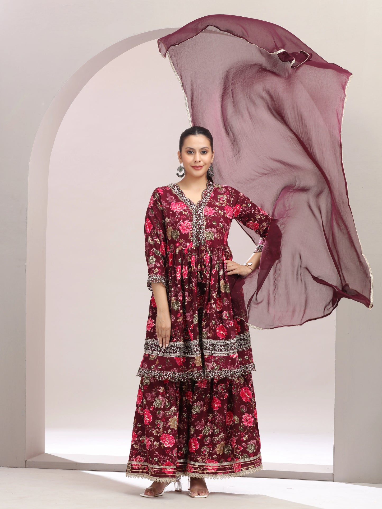 Purple Embroidered Fit & Flared Ethnic Set