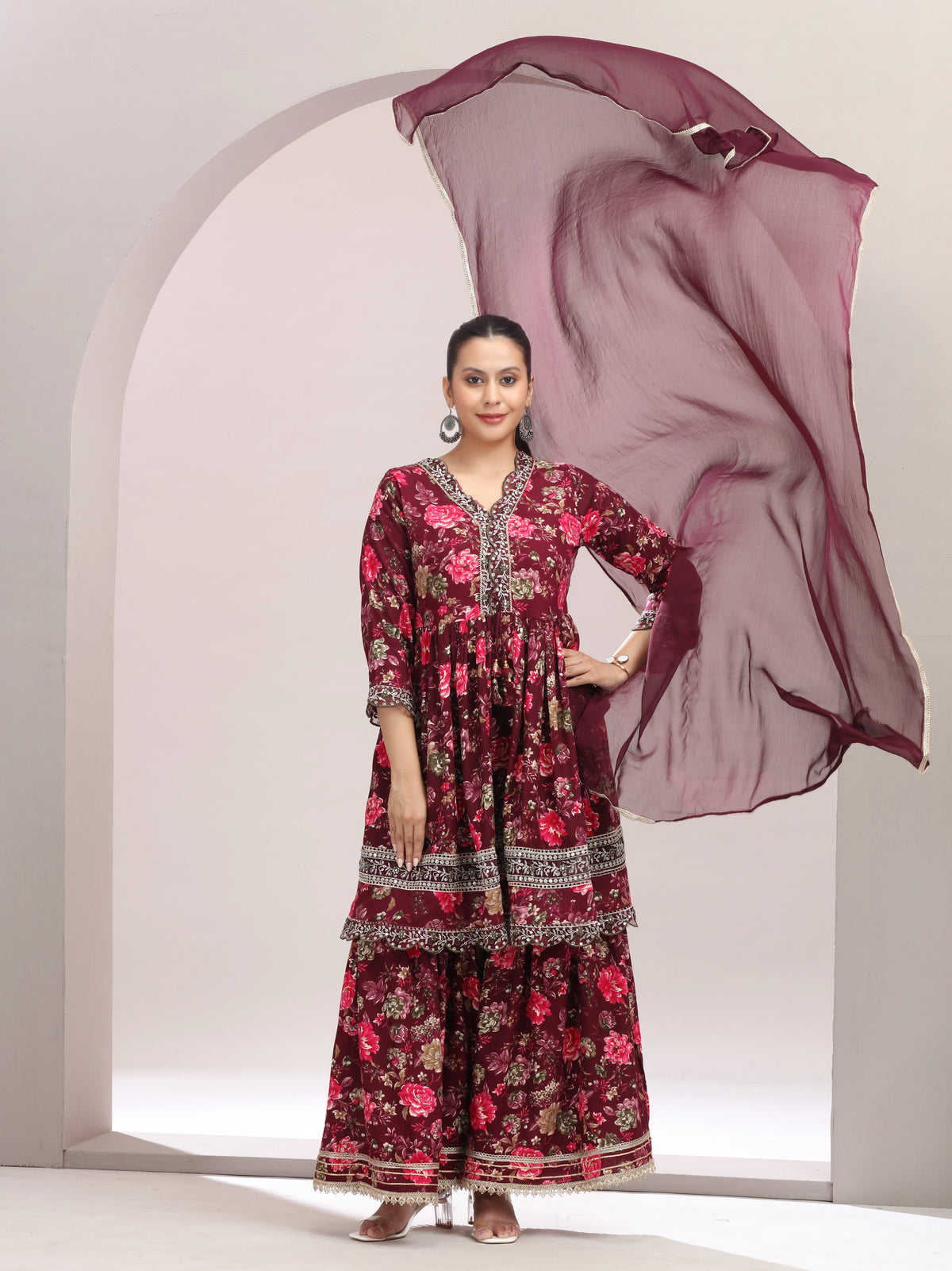 Purple Embroidered Fit & Flared Ethnic Set - view 6