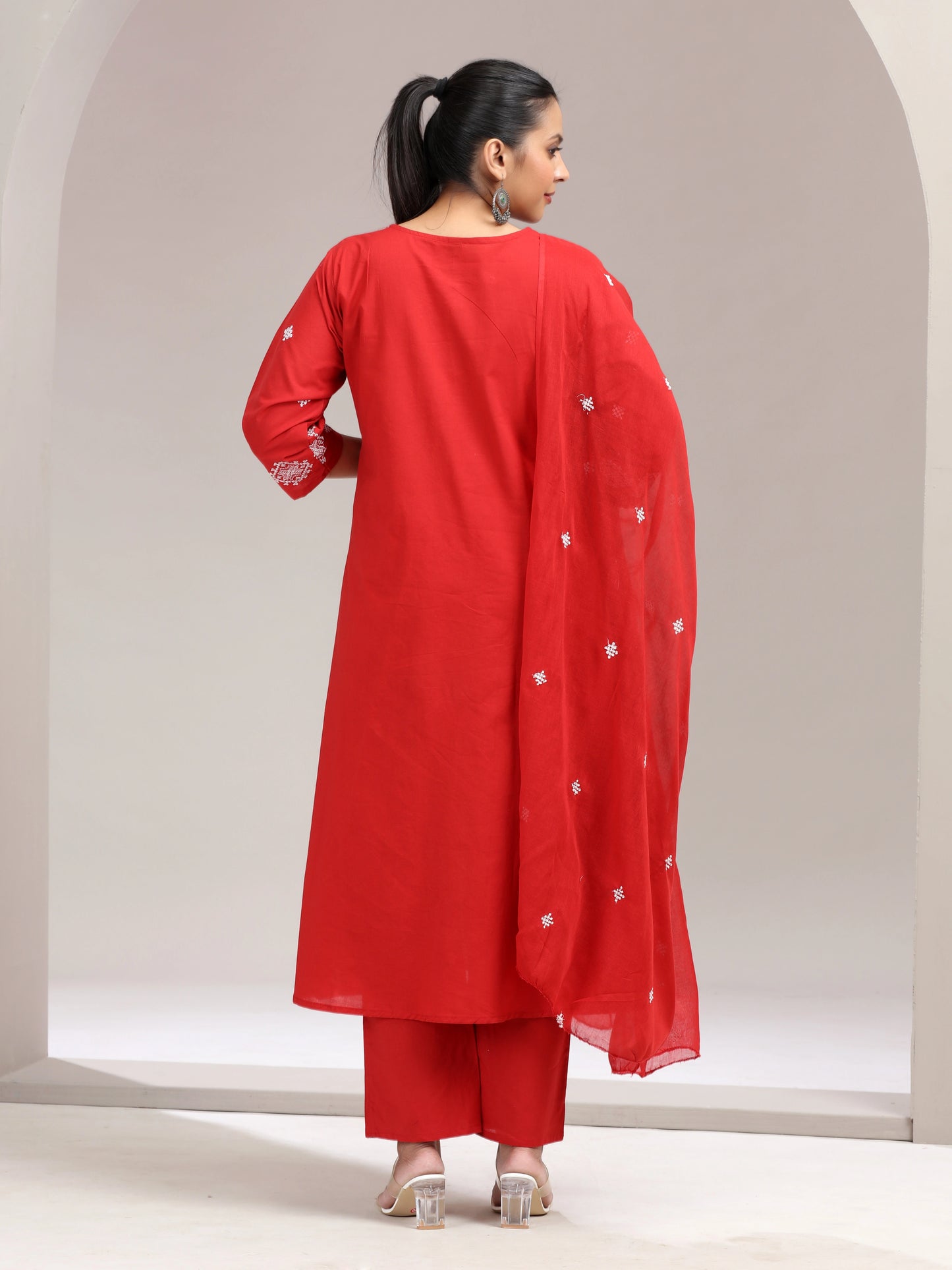 Red Flared Embroidered A Line Ethnic Set