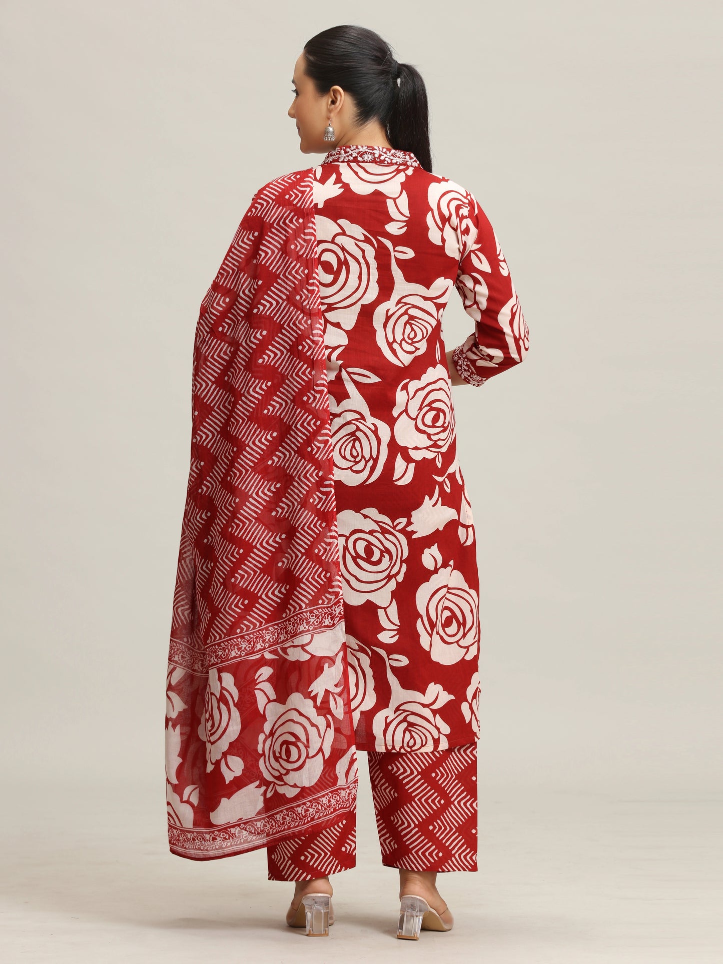 Red Floral Embroidered Straight Ethnic Set