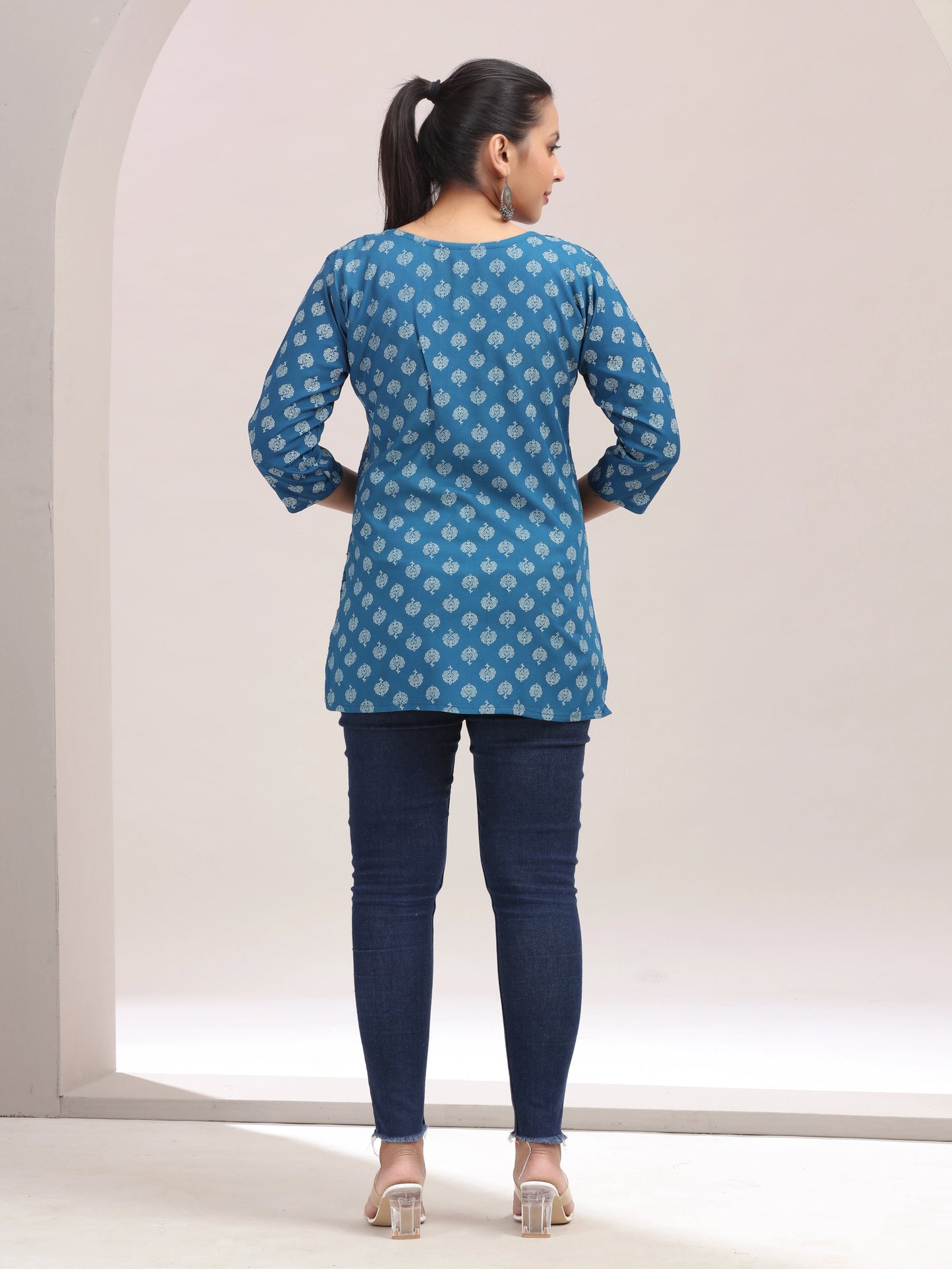 Teal Blue Embroidered Cotton Short Kurta