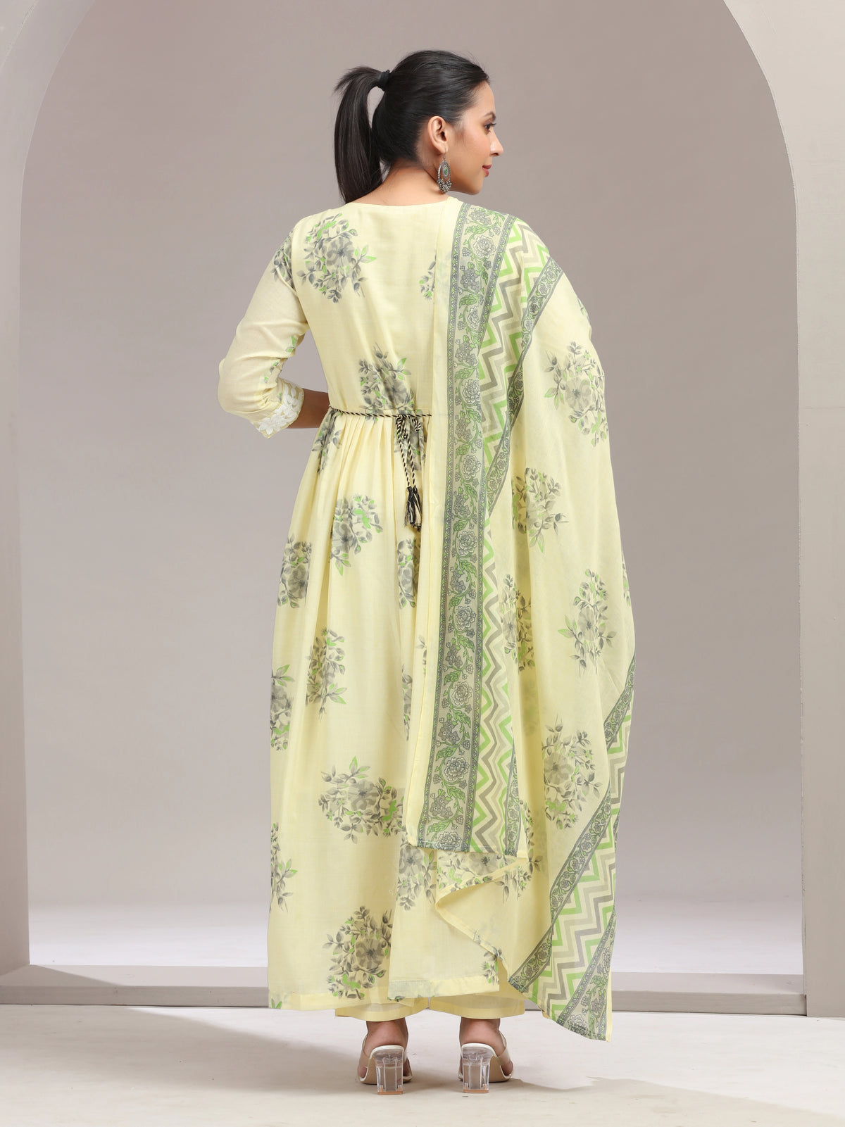 Yellow Embroidered Printed Flared Ethnic Set - view 5