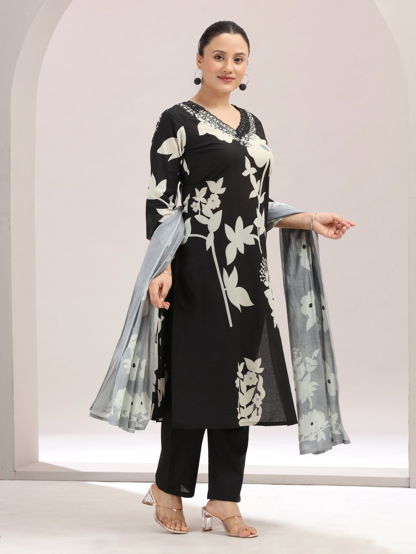 Black Floral Embroidered Ethnic Set