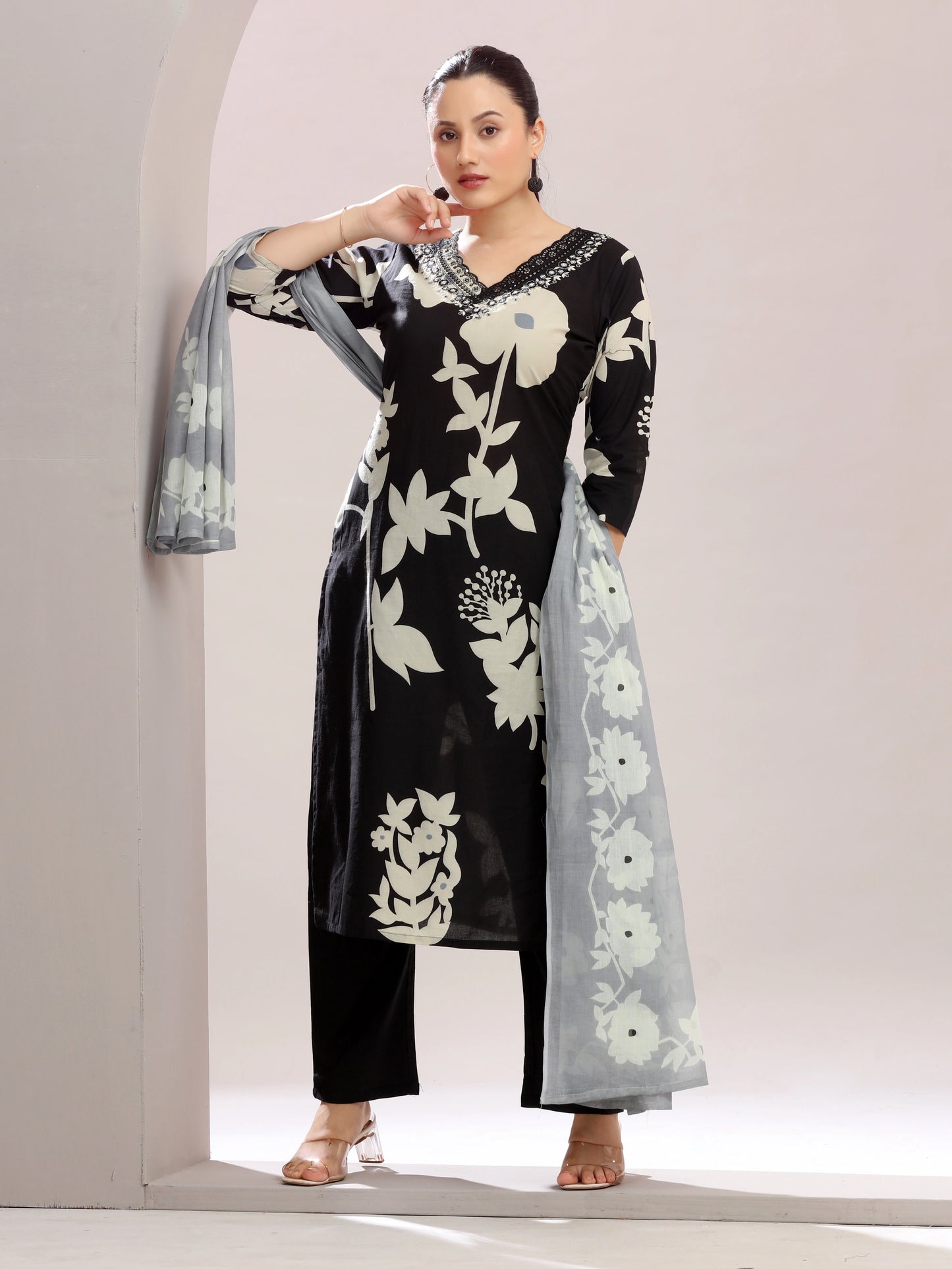 Black Floral Embroidered Ethnic Set