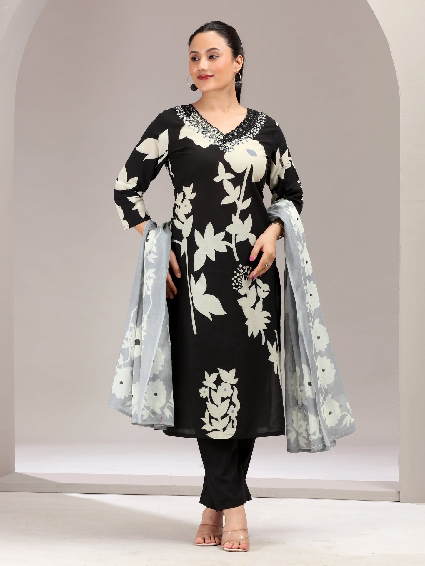 Black Floral Embroidered Ethnic Set