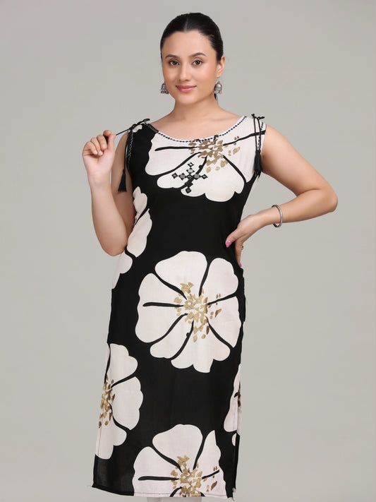 Black Printed Embroidered Straight Cotton Kurta