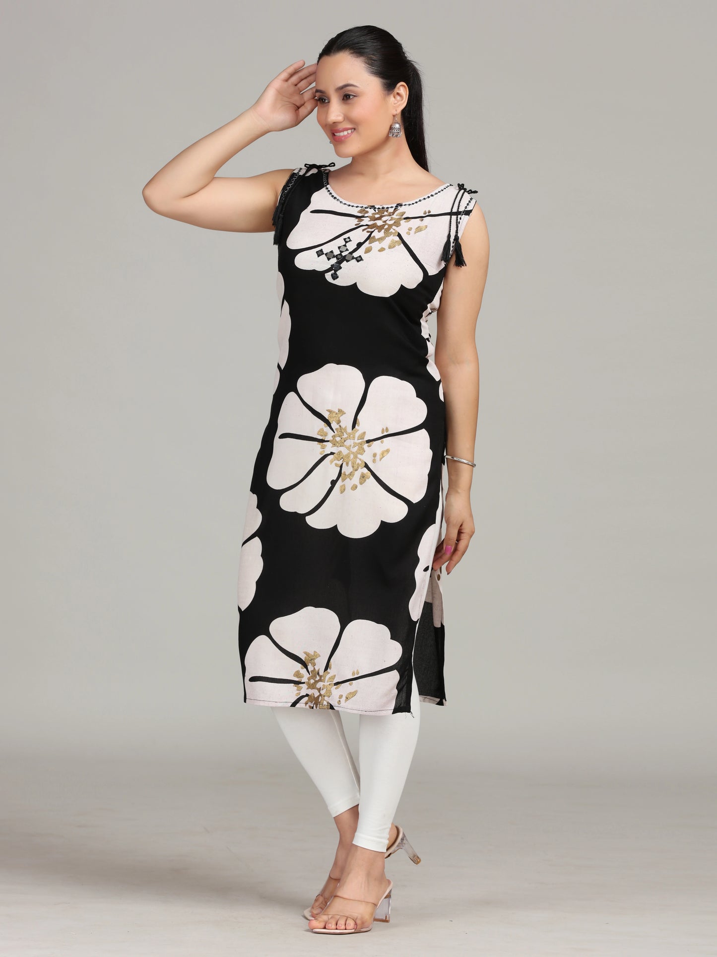 Black Printed Embroidered Straight Cotton Kurta