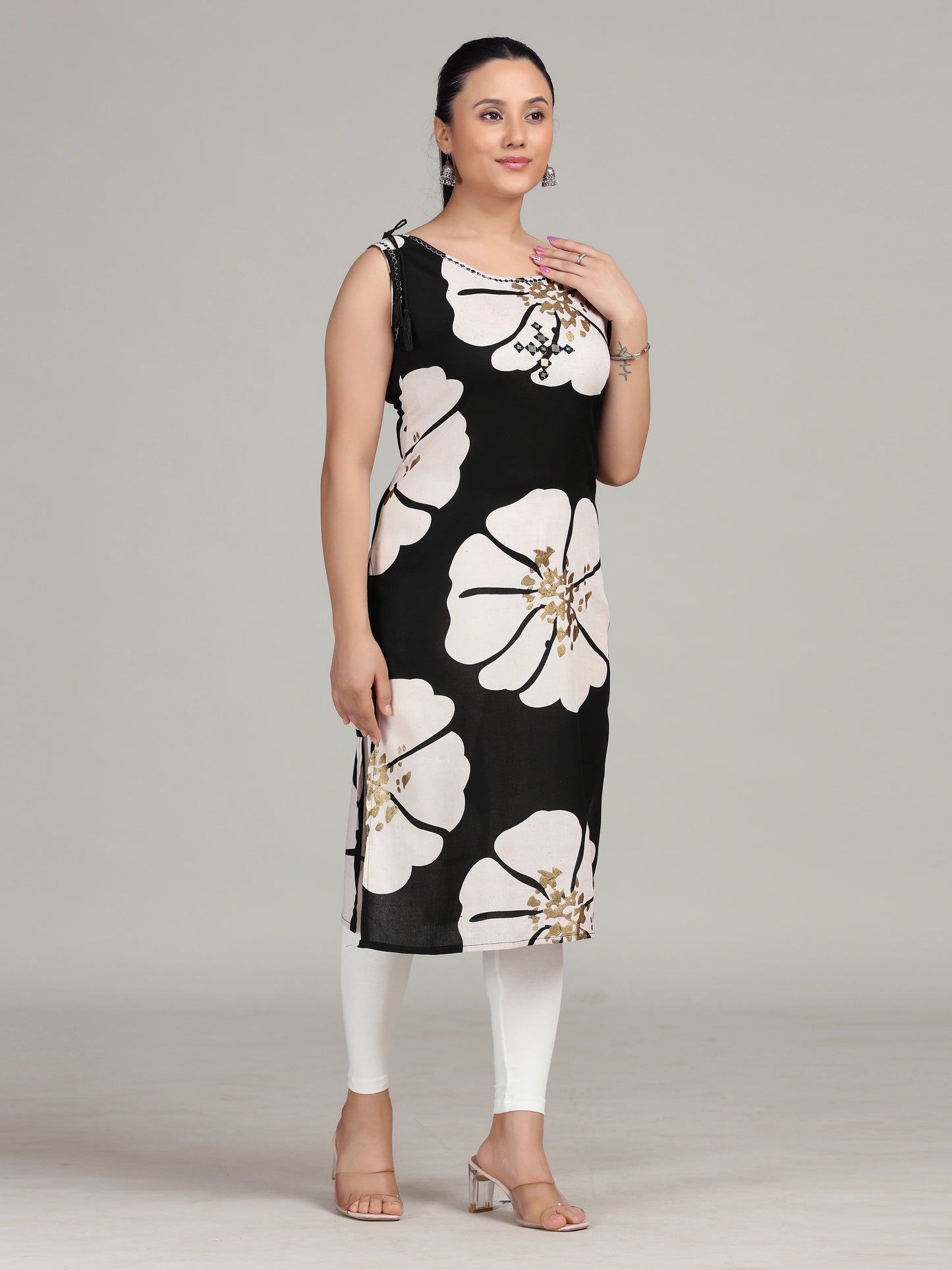 Black Printed Embroidered Straight Cotton Kurta