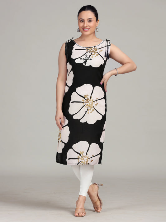 Black Printed Embroidered Straight Cotton Kurta