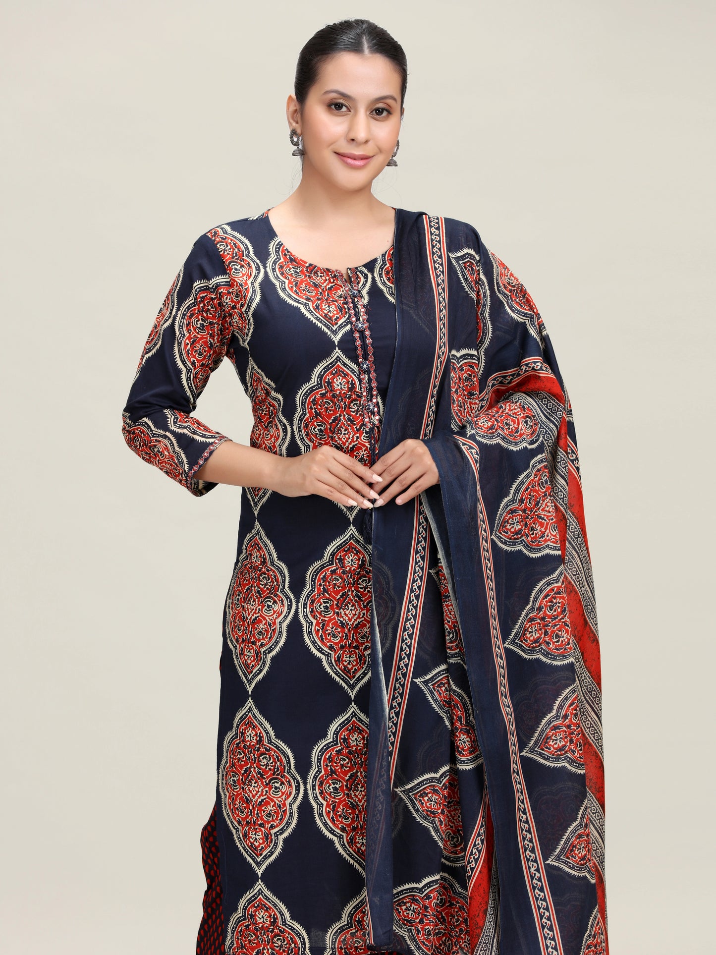 Navy Blue Printed Straight Ethnic Set