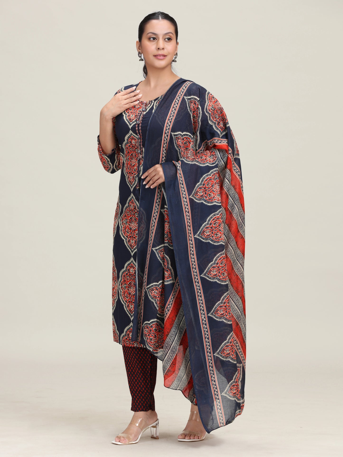 Navy Blue Printed Straight Ethnic Set