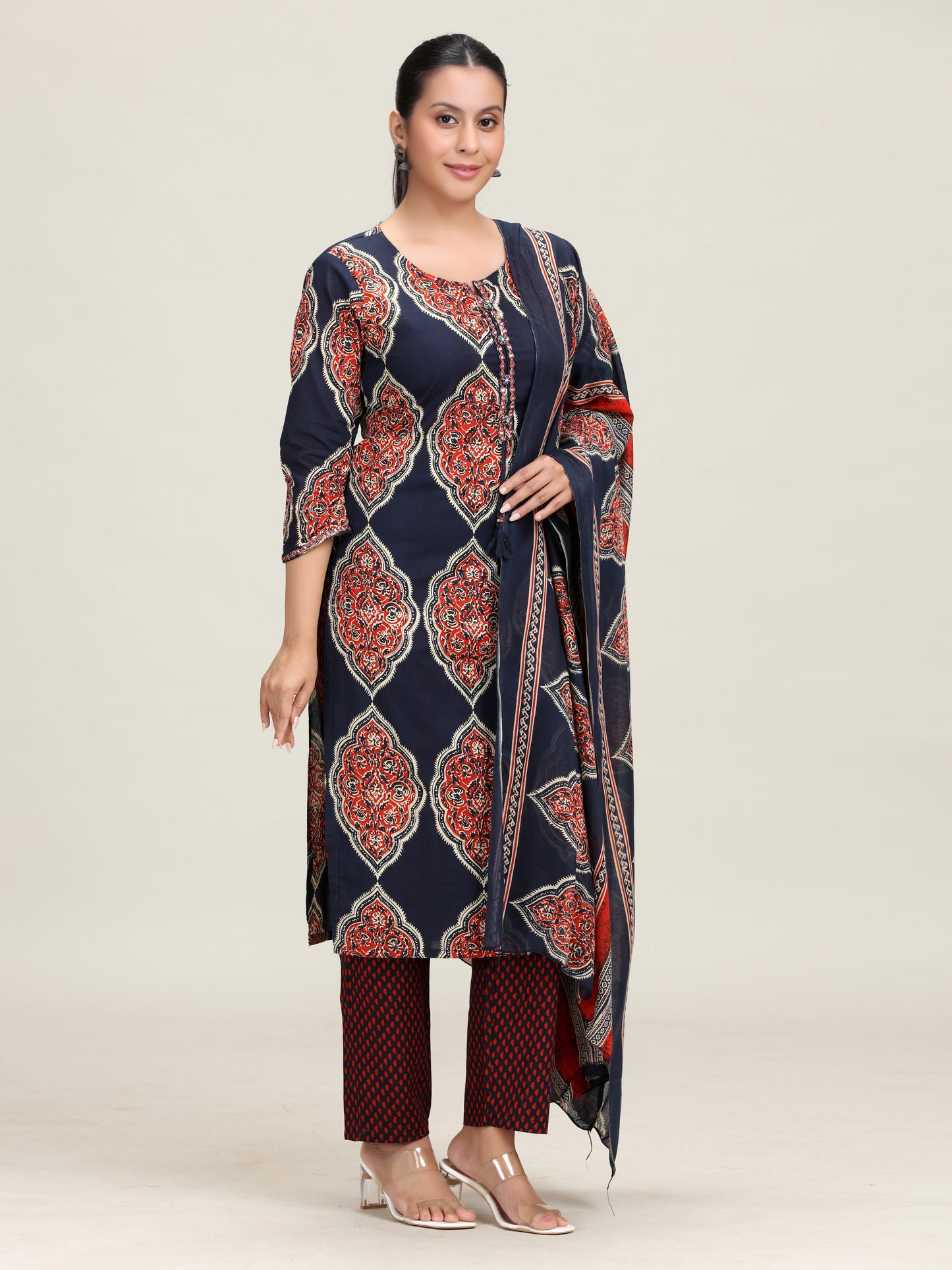 Navy Blue Printed Straight Ethnic Set