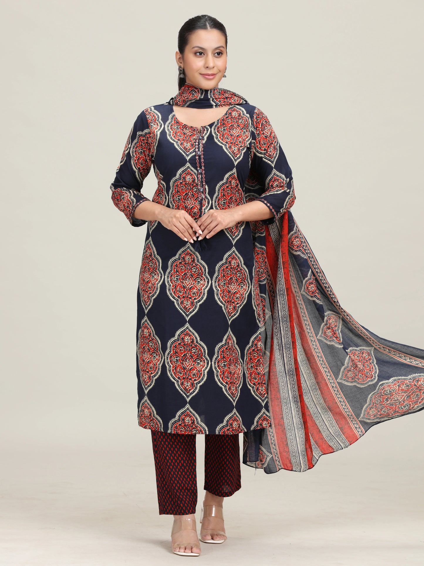 Navy Blue Printed Straight Ethnic Set