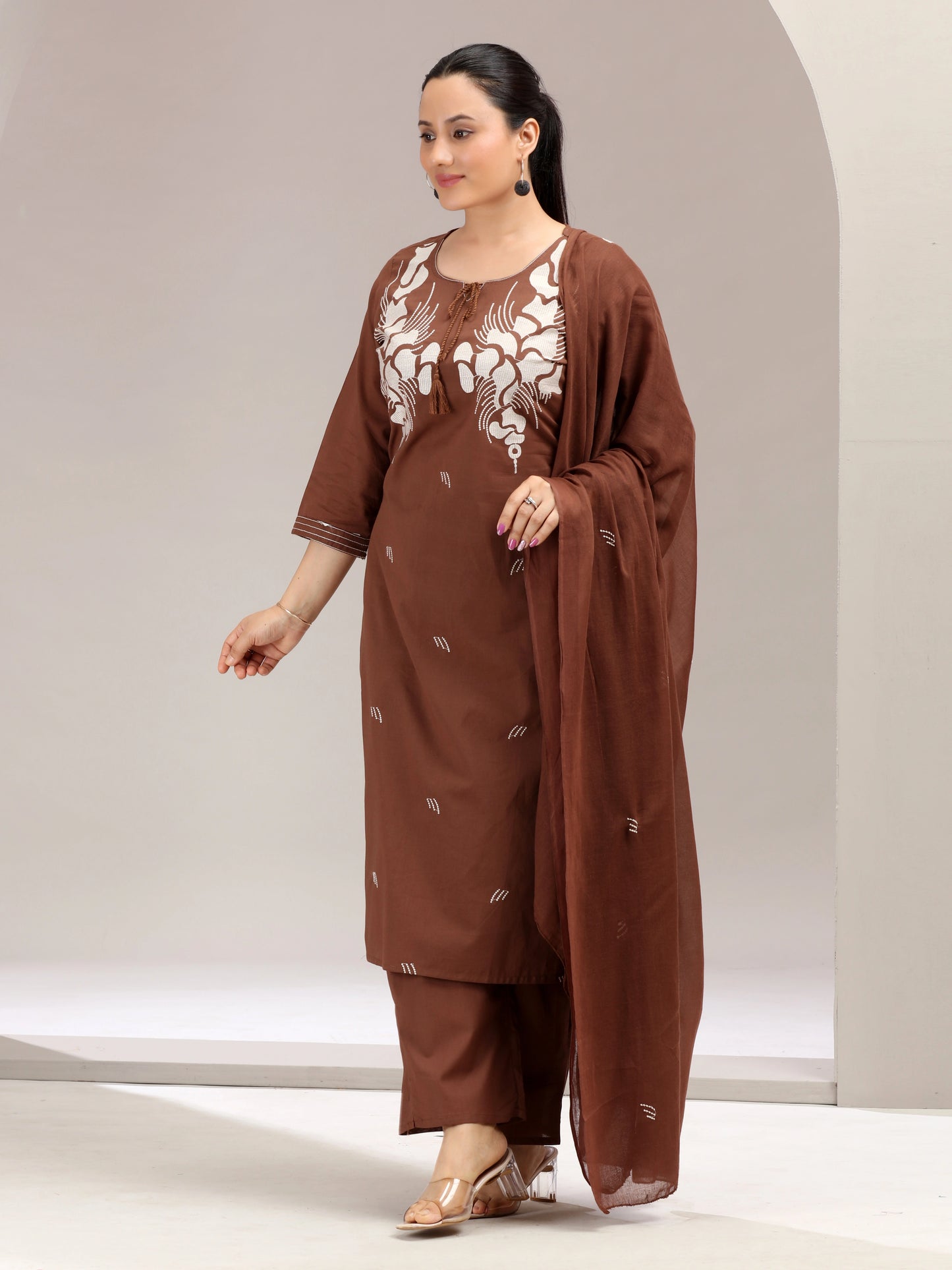 Brown Embroidered Straight Ethnic Set