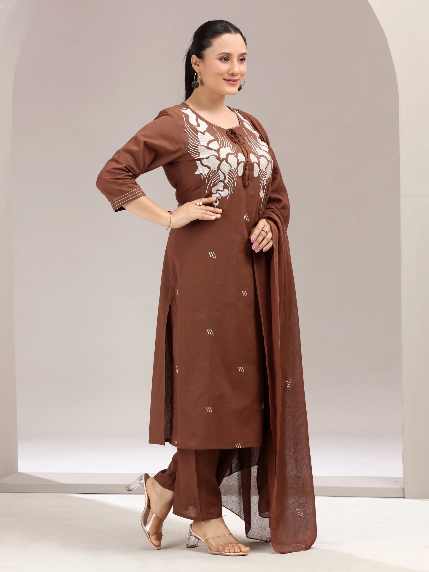 Brown Embroidered Straight Ethnic Set