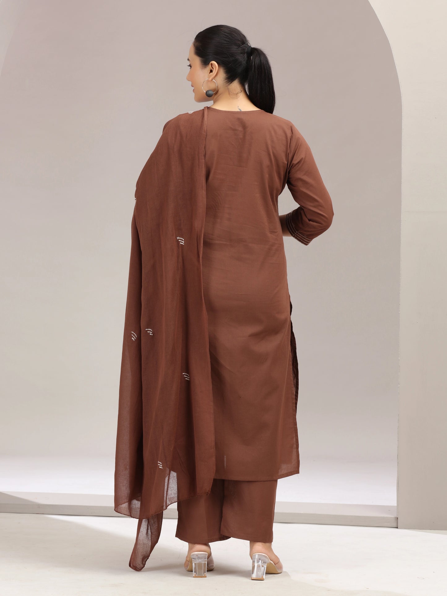 Brown Embroidered Straight Ethnic Set