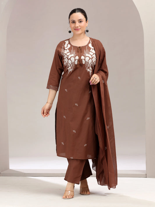 Brown Embroidered Straight Ethnic Set