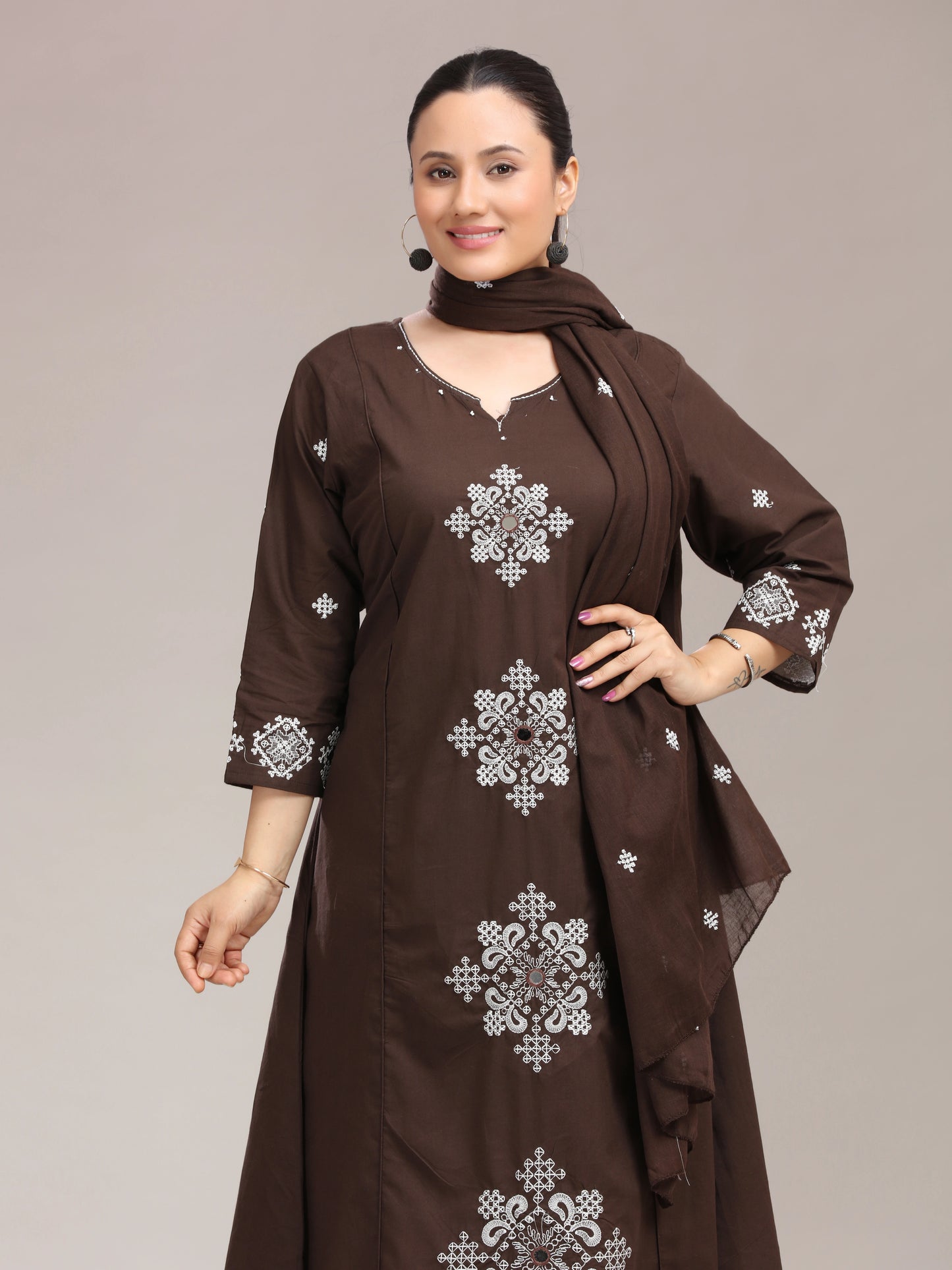 Brown Embroidered A-Line Ethnic Set