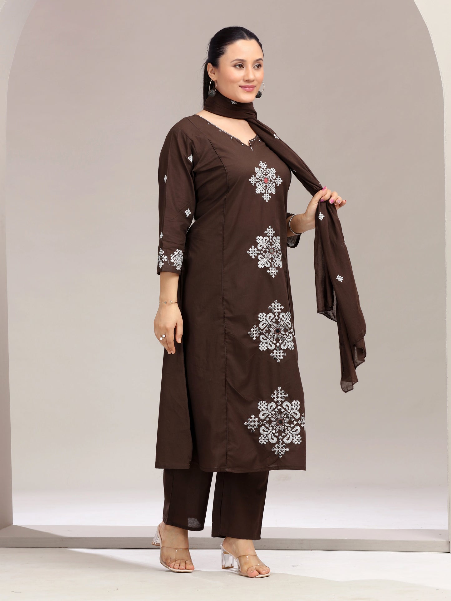 Brown Embroidered A-Line Ethnic Set