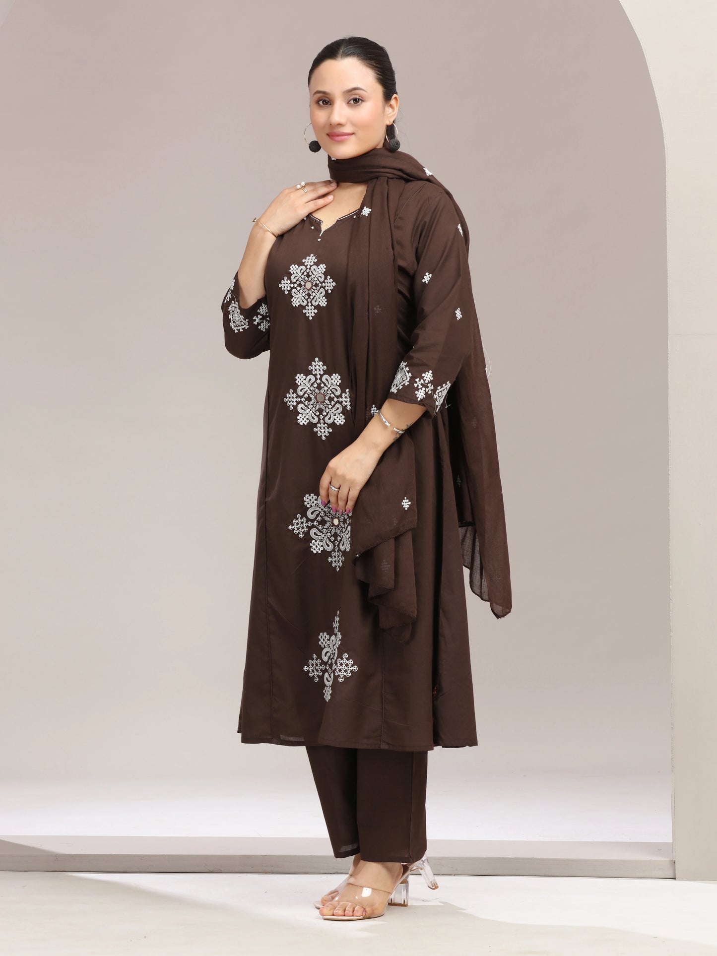 Brown Embroidered A-Line Ethnic Set