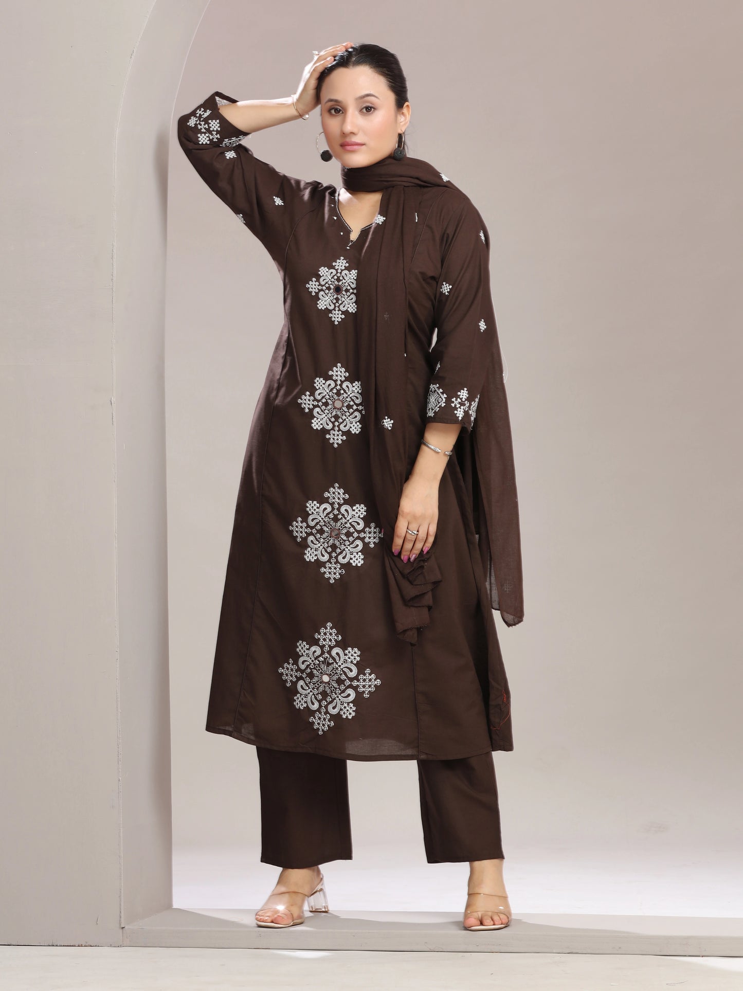 Brown Embroidered A-Line Ethnic Set
