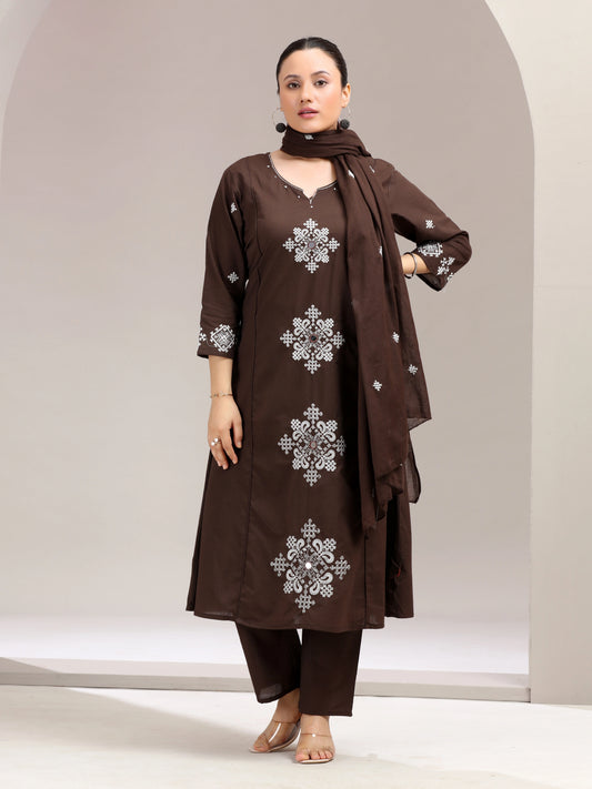 Brown Embroidered A-Line Ethnic Set