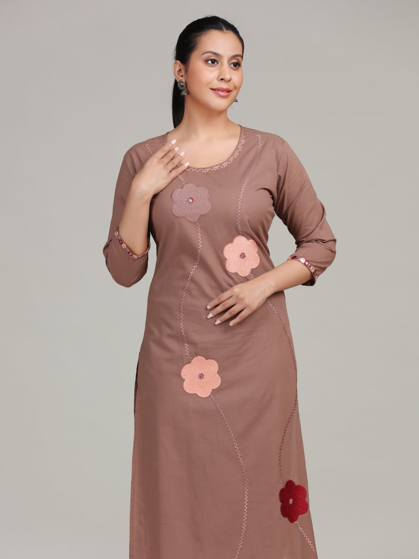Dusty Rose Floral Embroidered Straight Cotton Ethnic Set