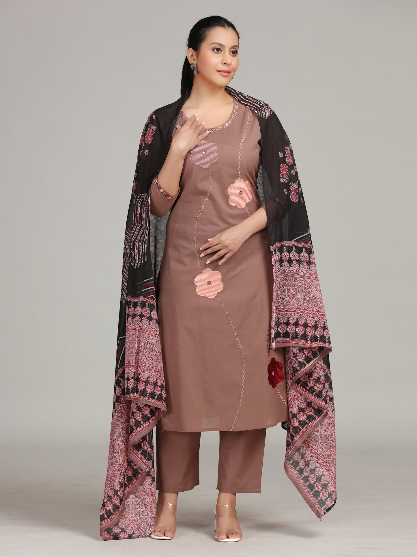 Dusty Rose Floral Embroidered Straight Cotton Ethnic Set