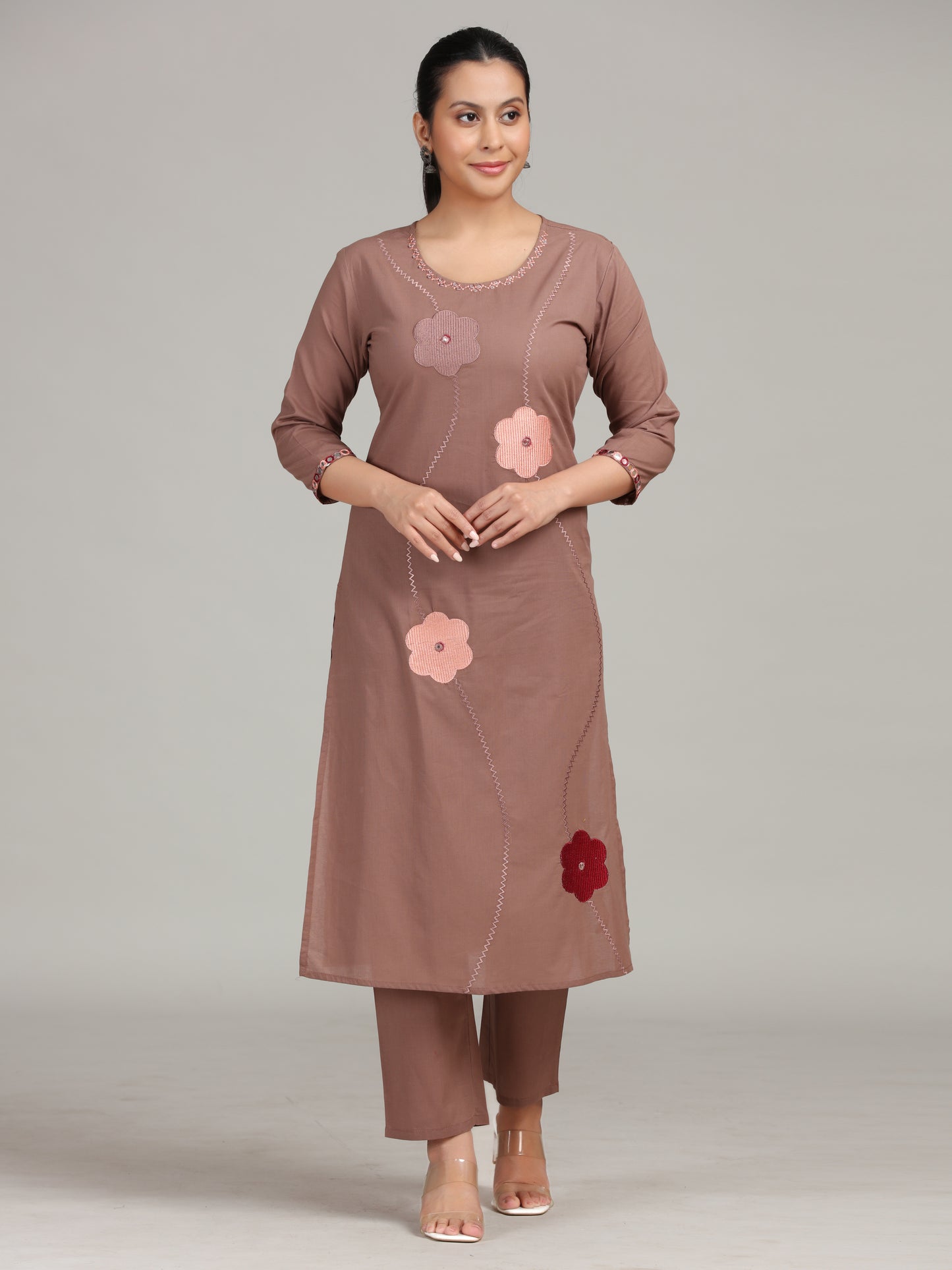 Dusty Rose Floral Embroidered Straight Cotton Ethnic Set