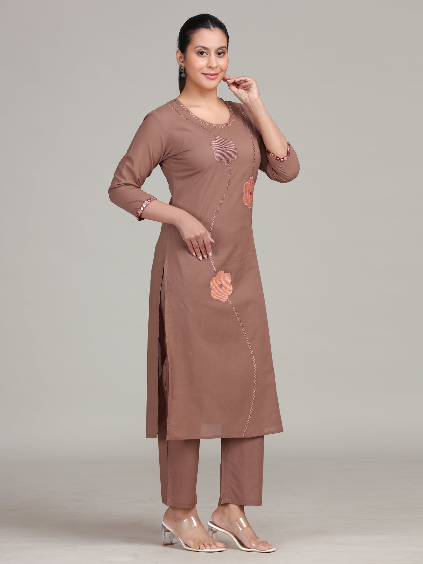 Dusty Rose Floral Embroidered Straight Cotton Ethnic Set