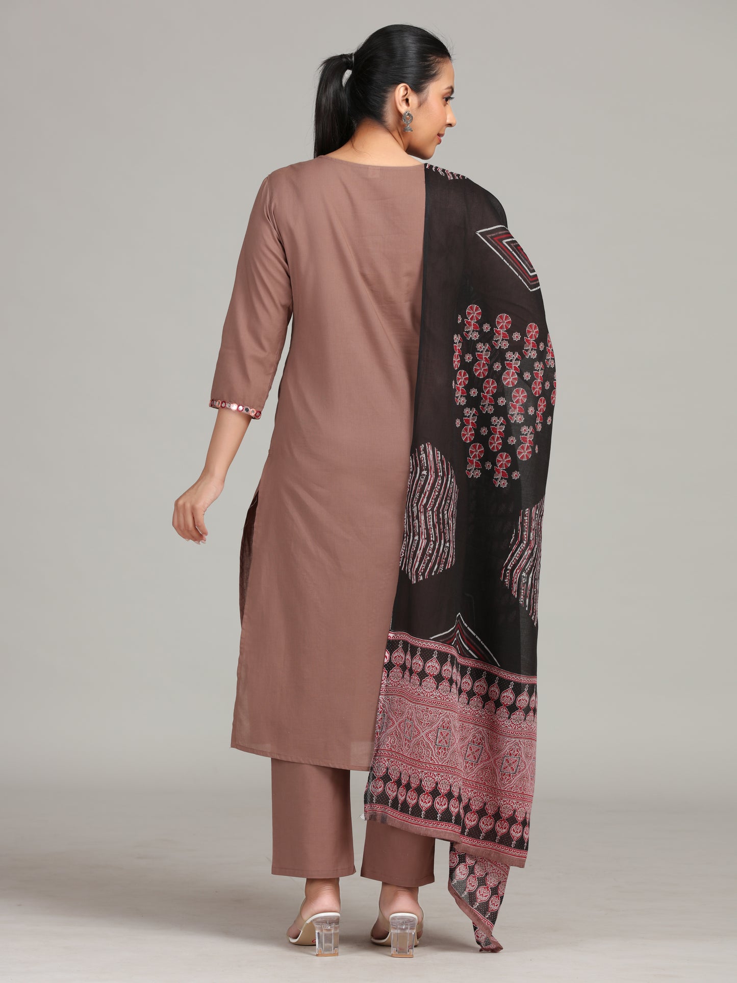 Dusty Rose Floral Embroidered Straight Cotton Ethnic Set