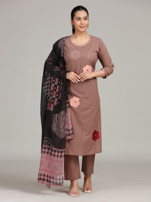 Dusty Rose Floral Embroidered Straight Cotton Ethnic Set