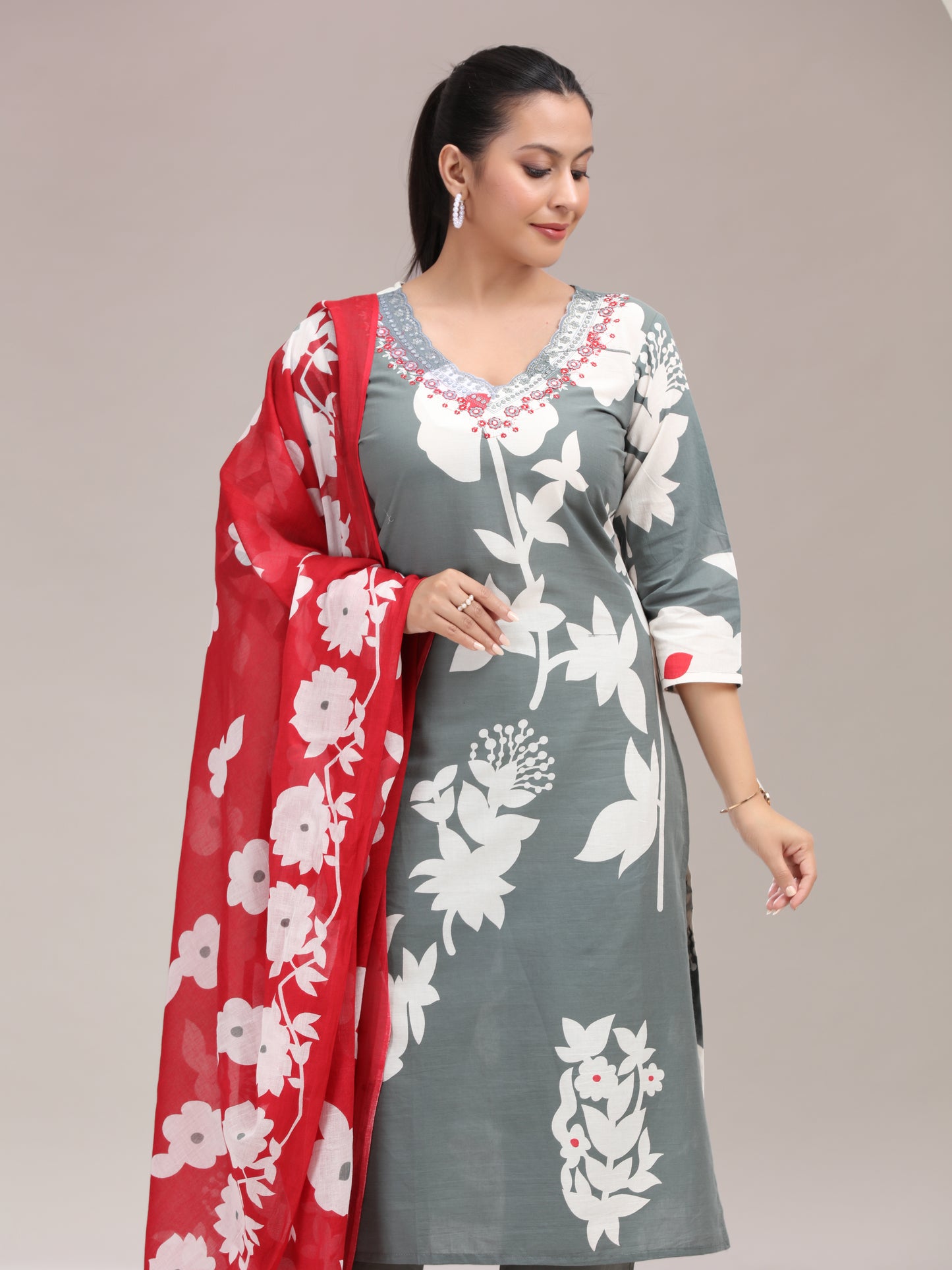 Gray Floral Embroidered Straight Ethnic Set