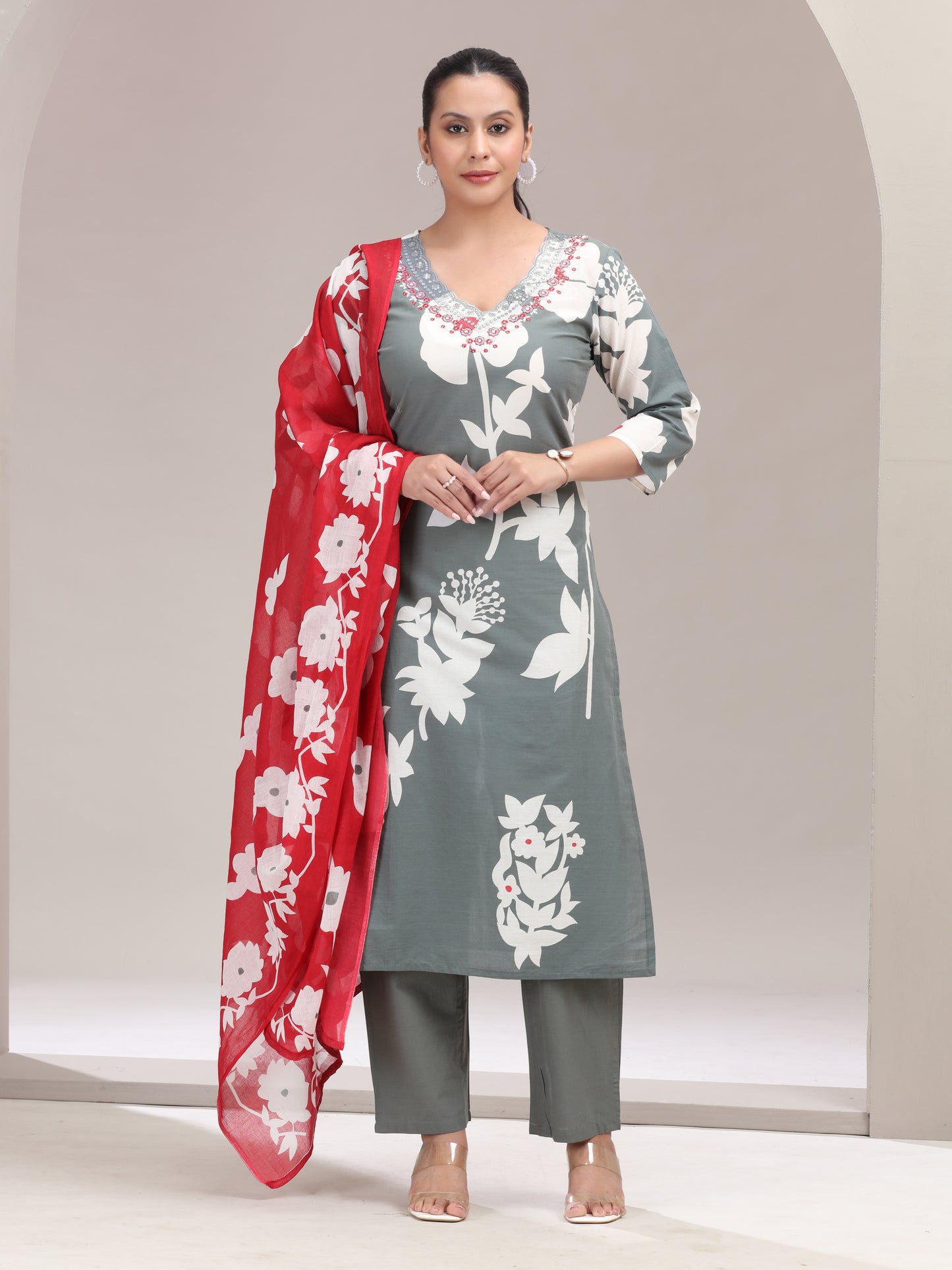 Gray Floral Embroidered Straight Ethnic Set