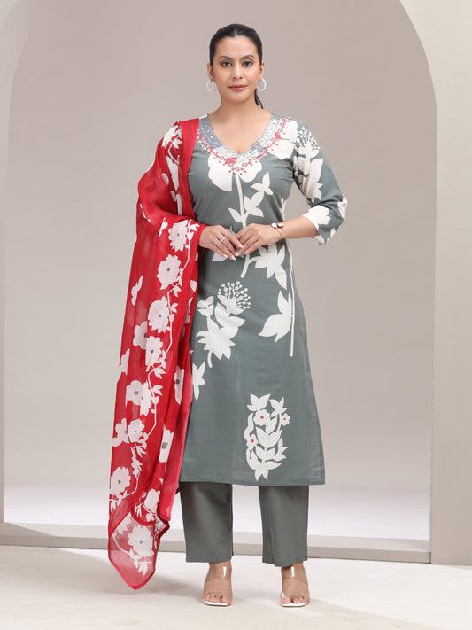 Gray Floral Embroidered Straight Ethnic Set