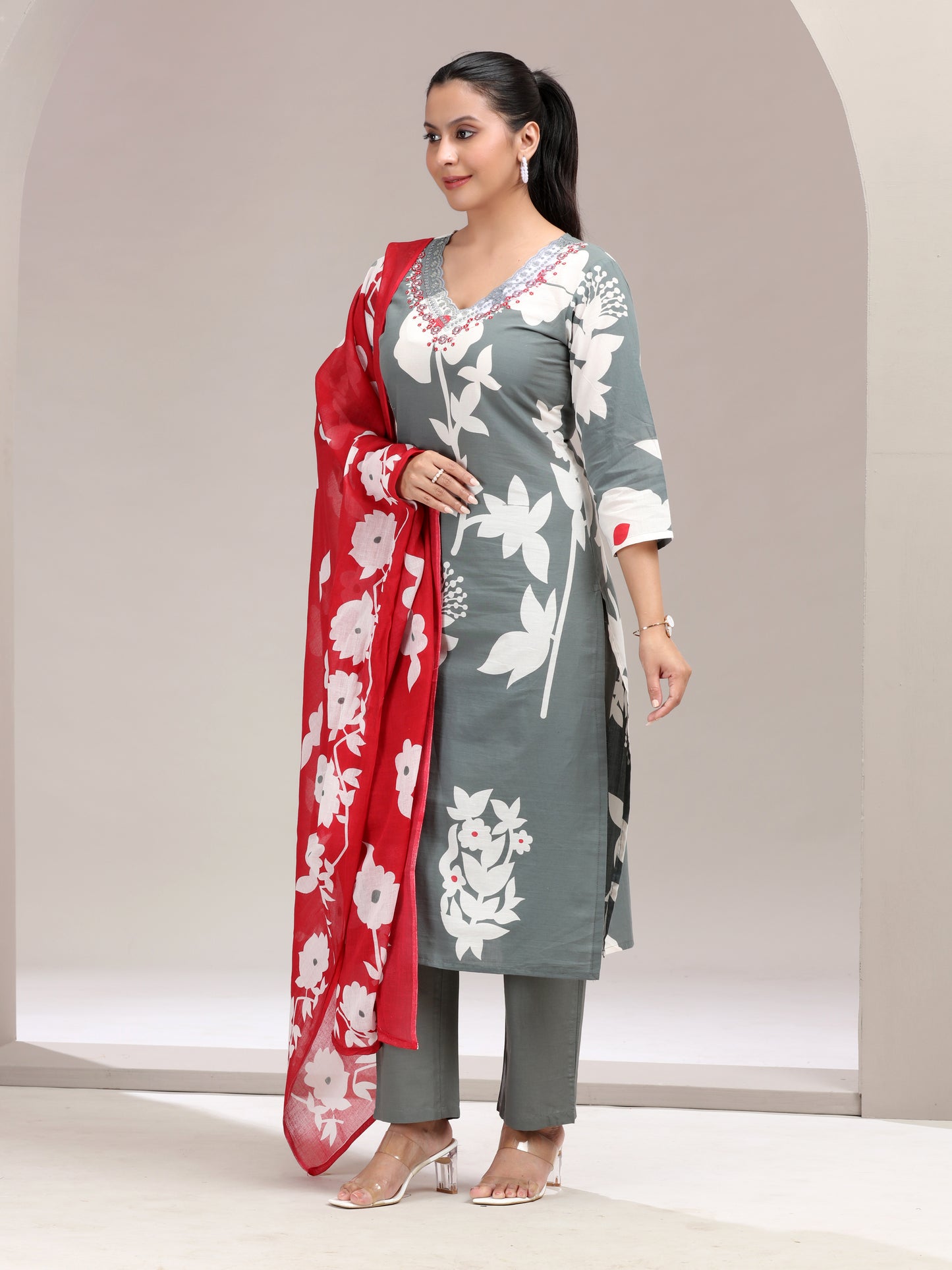 Gray Floral Embroidered Straight Ethnic Set