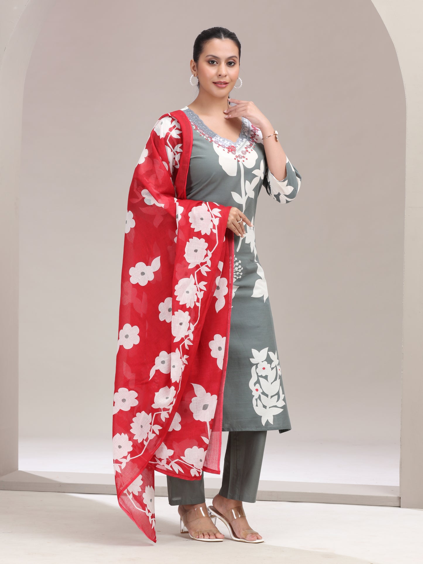 Gray Floral Embroidered Straight Ethnic Set